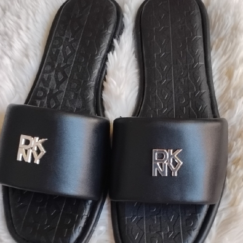DKNY Black Slide Sandals with Metallic Logo - Picture 8 of 8